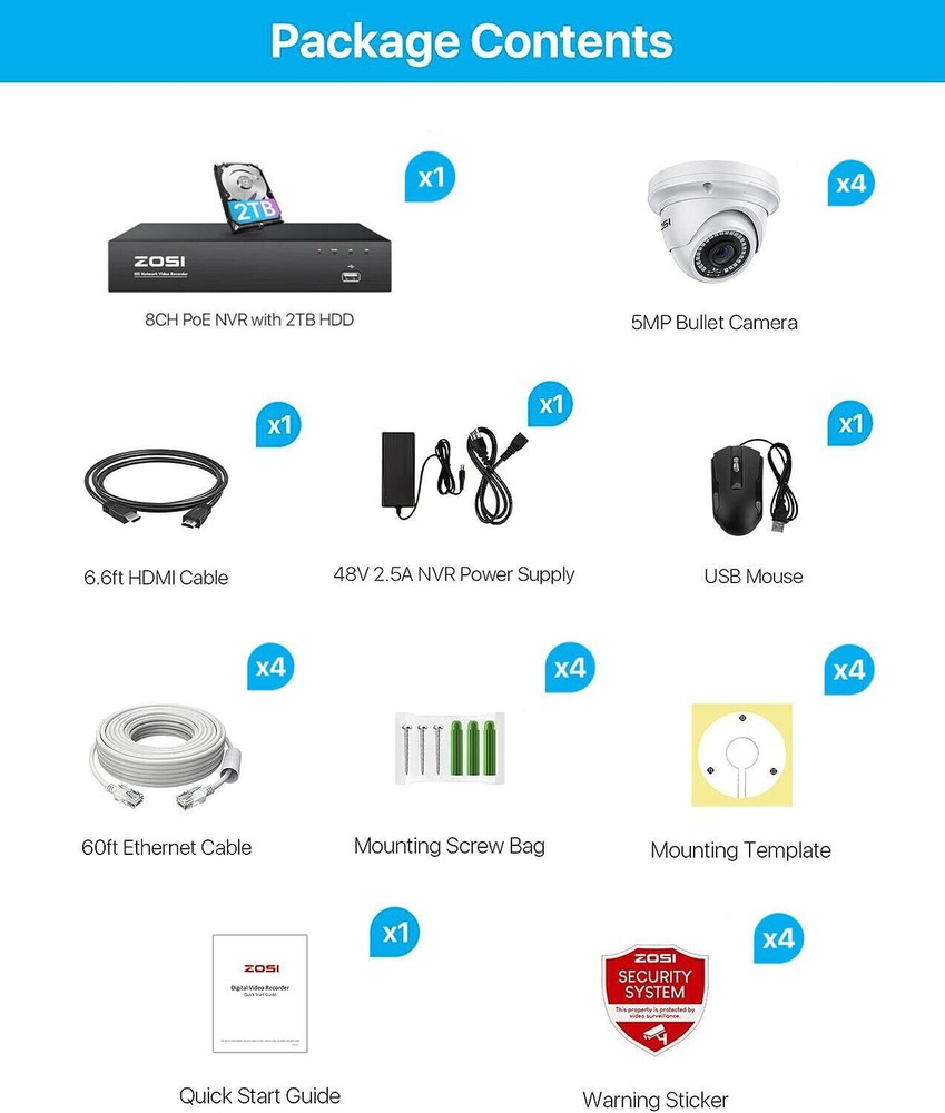 ZOSI 5MP PoE Security Camera System Motion Detection 2TB Weatherproof Record