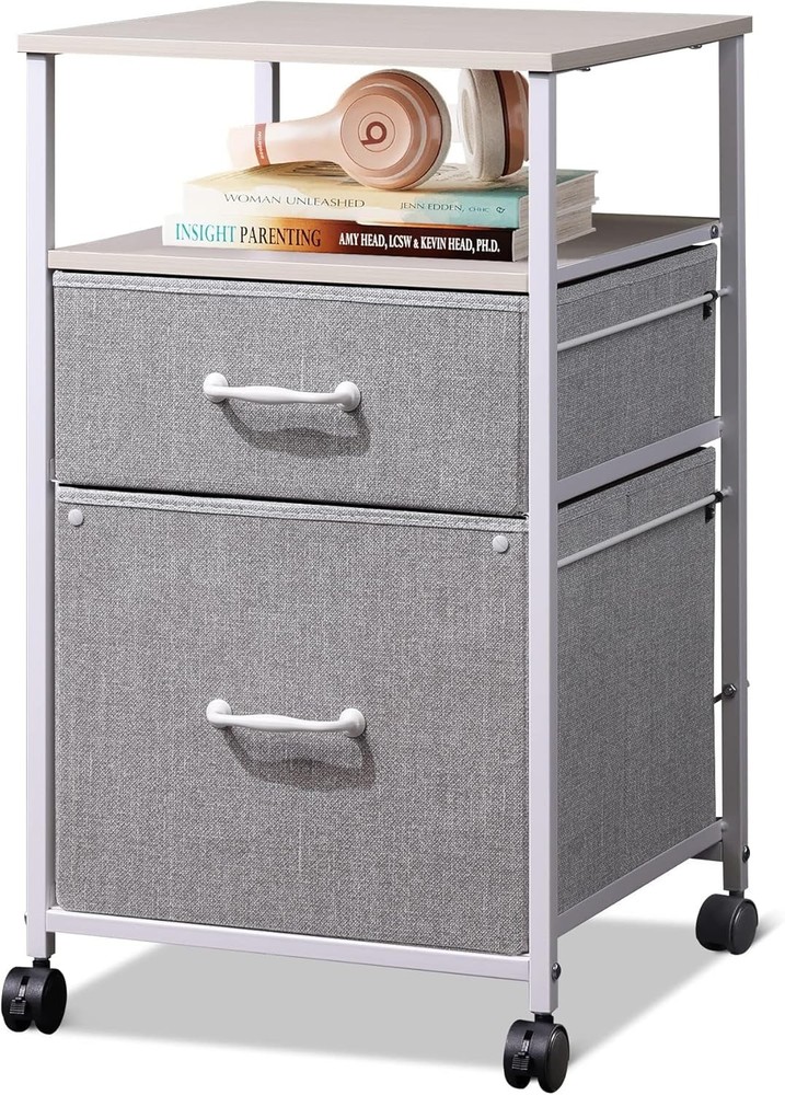 2 Drawer Fabric Vertical Filing Cabinet Rolling Printer Stand White
