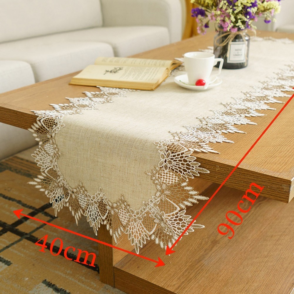 Rustic Embroidered Floral Linen Table Runner Cloth for Dressing Tables