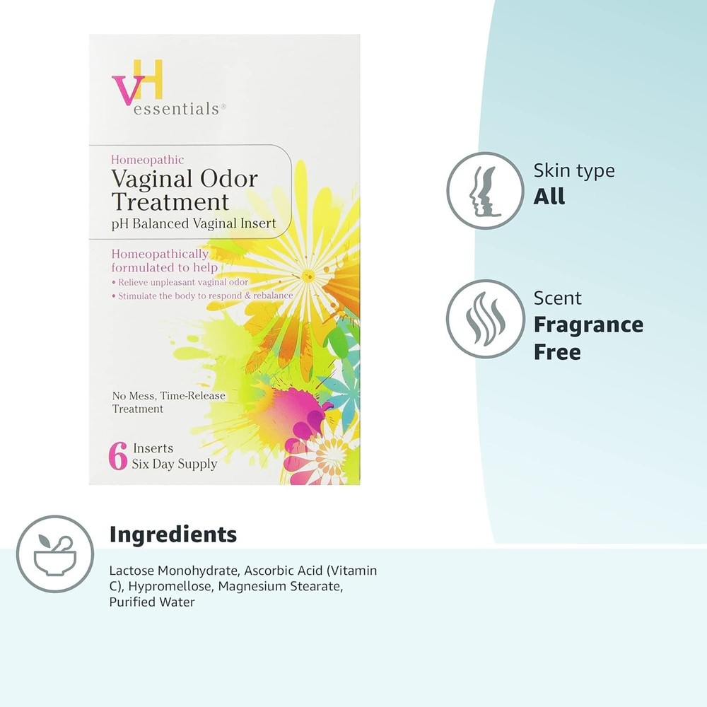 vH essentials Vaginal Odor Treatment, pH Balanced Suppositories, 6 Tablets