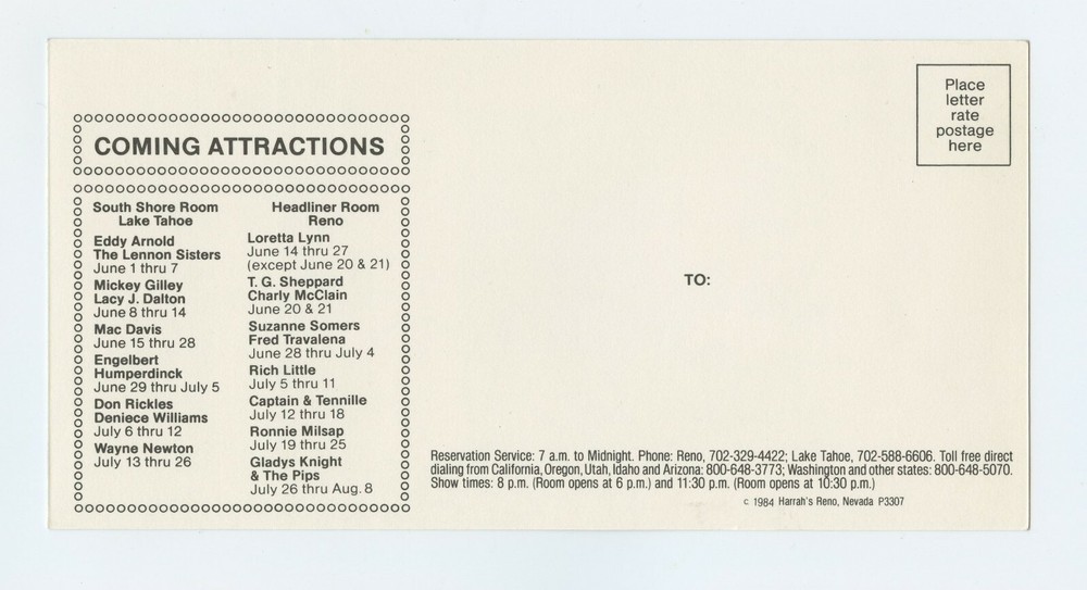Charo Postcard 1984 Harrah's Reno