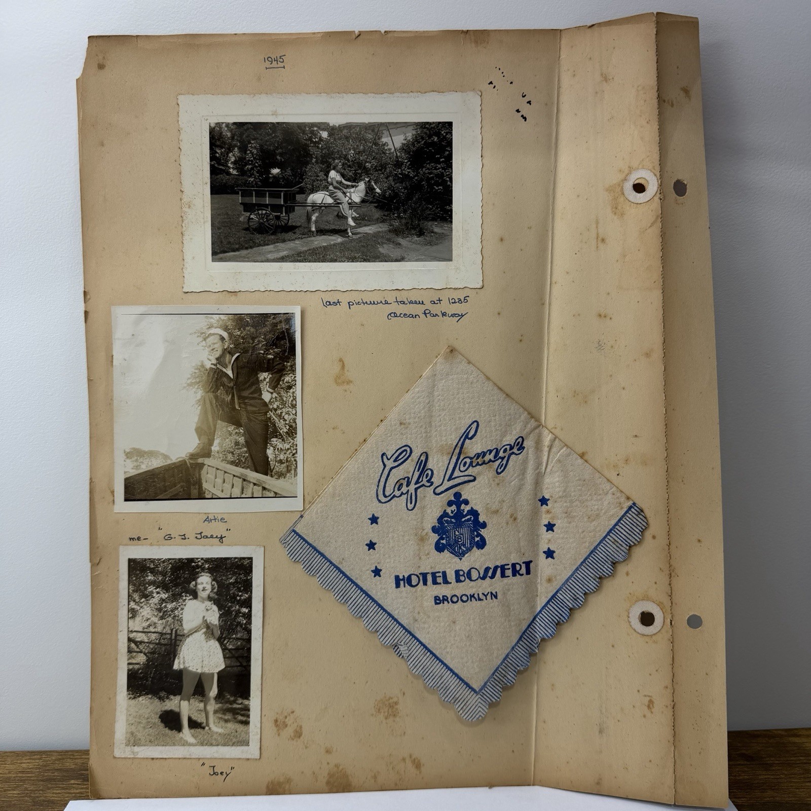 WWII 1944-1945 Scrapbook Page Brooklyn Hotel Bossert Napkin Navy Sailor Photos