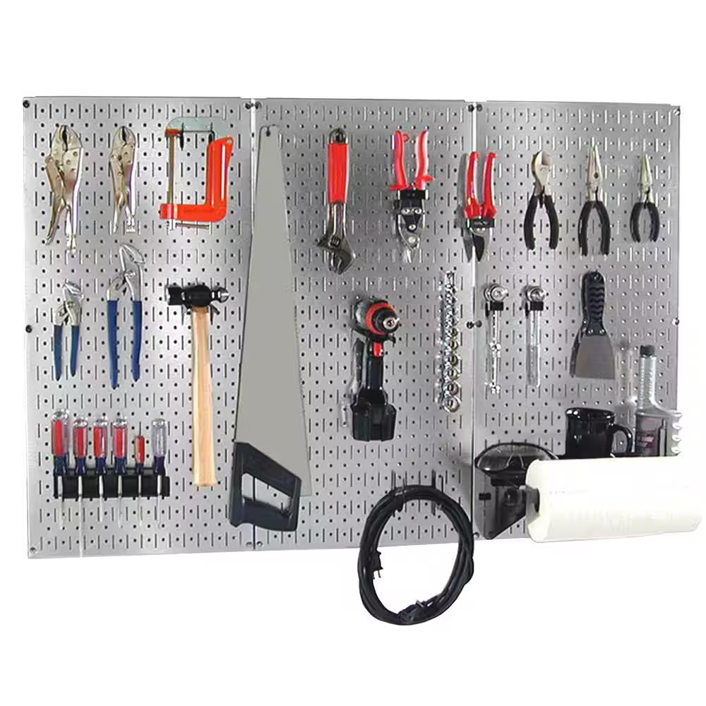 32 In. X 48 In. Shiny Metallic Galvanized Steel Pegboard Basic Tool Organizer Ki