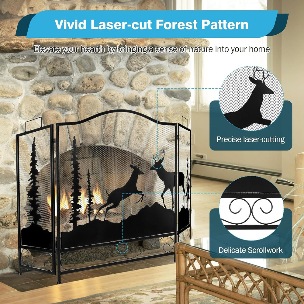 3 Panel Fireplace Screen with Deer Pattern, 47.6” X 30.7” Large Folding Fireplac