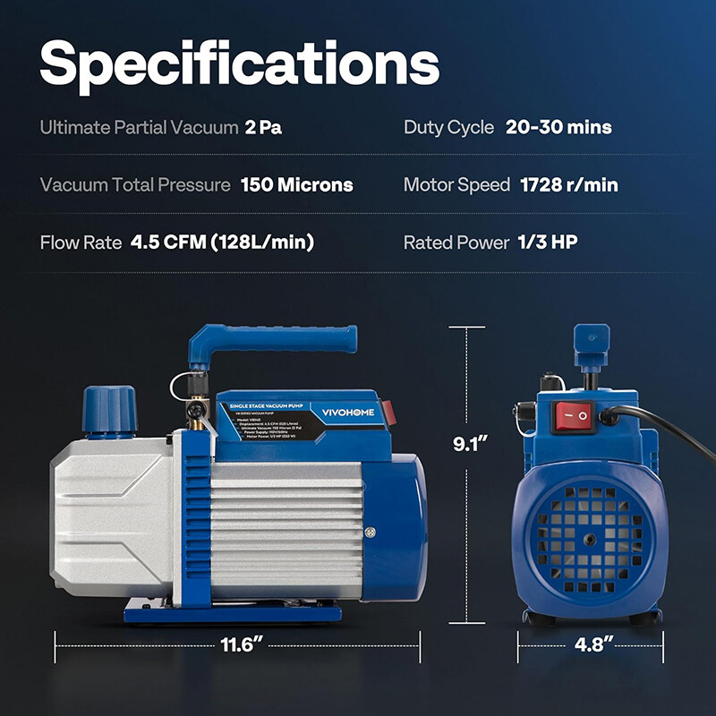 4.5CFM 1/3HP Air Vacuum Pump AC Manifold Gauge Set R32 R1234yf R134a R22 R410a