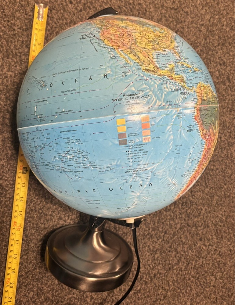 Vtg Replace World Globe Earth Light Up Large 8' Cord Switch EUC Topographical