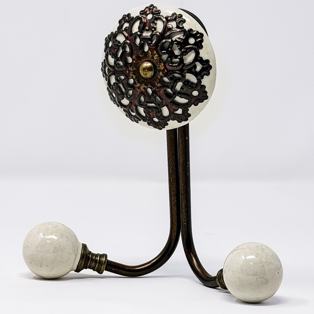Ornate Brass Double Wall Hook White Ceramic Knobs Rustic Cottage Decor