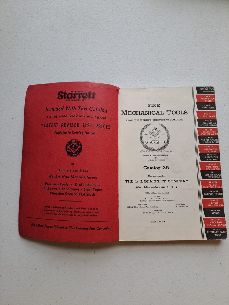 Nice Starrett Precision Tools Catalog #26, 1938 Machinist Precision Tools