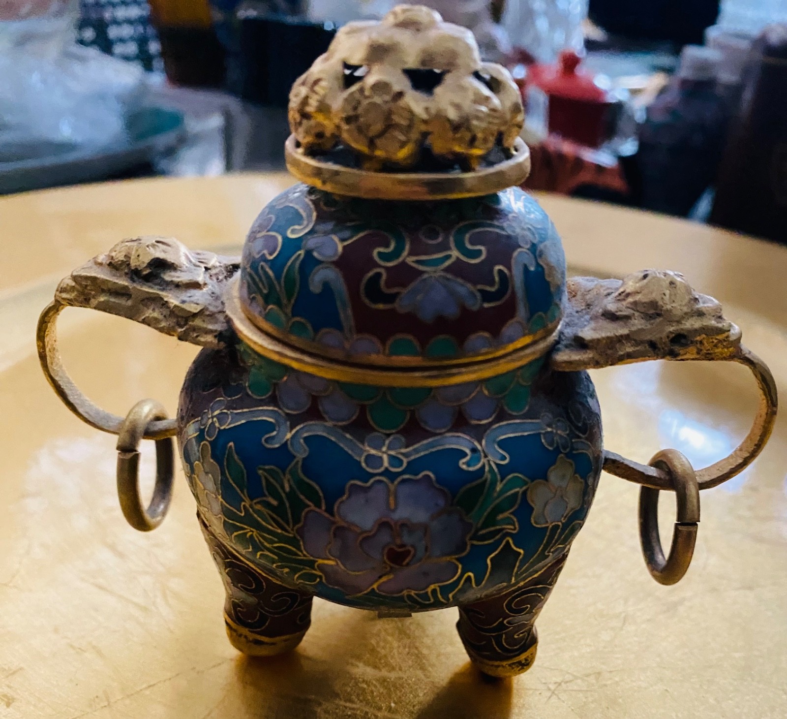 Vintage Chinese Incense Burner Cloisonne Enamel Gilt Bronze with Handles