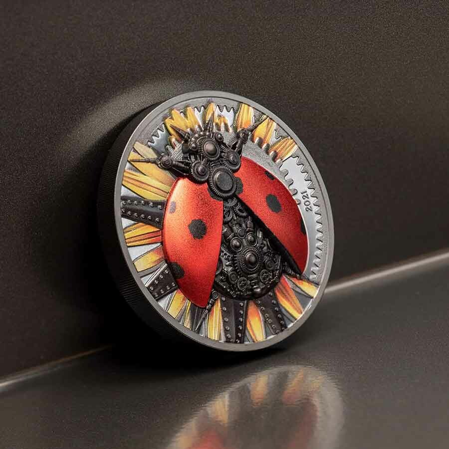 2021 Mongolia Clockwork Evolution MECHANICAL LADYBUG 3 Oz Silver Proof Coin.
