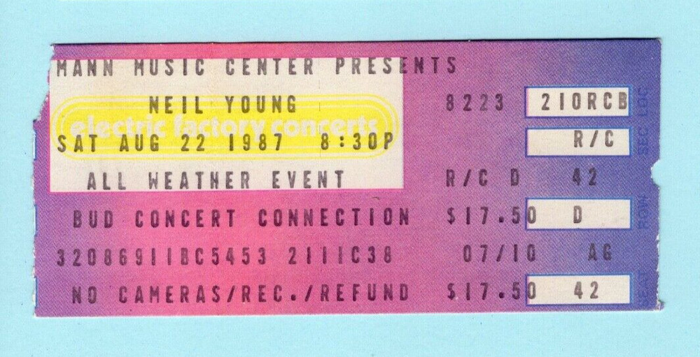 Neil Young & Crazy Horse 1987 Concert Ticket Stub Philadelphia PA Life Tour