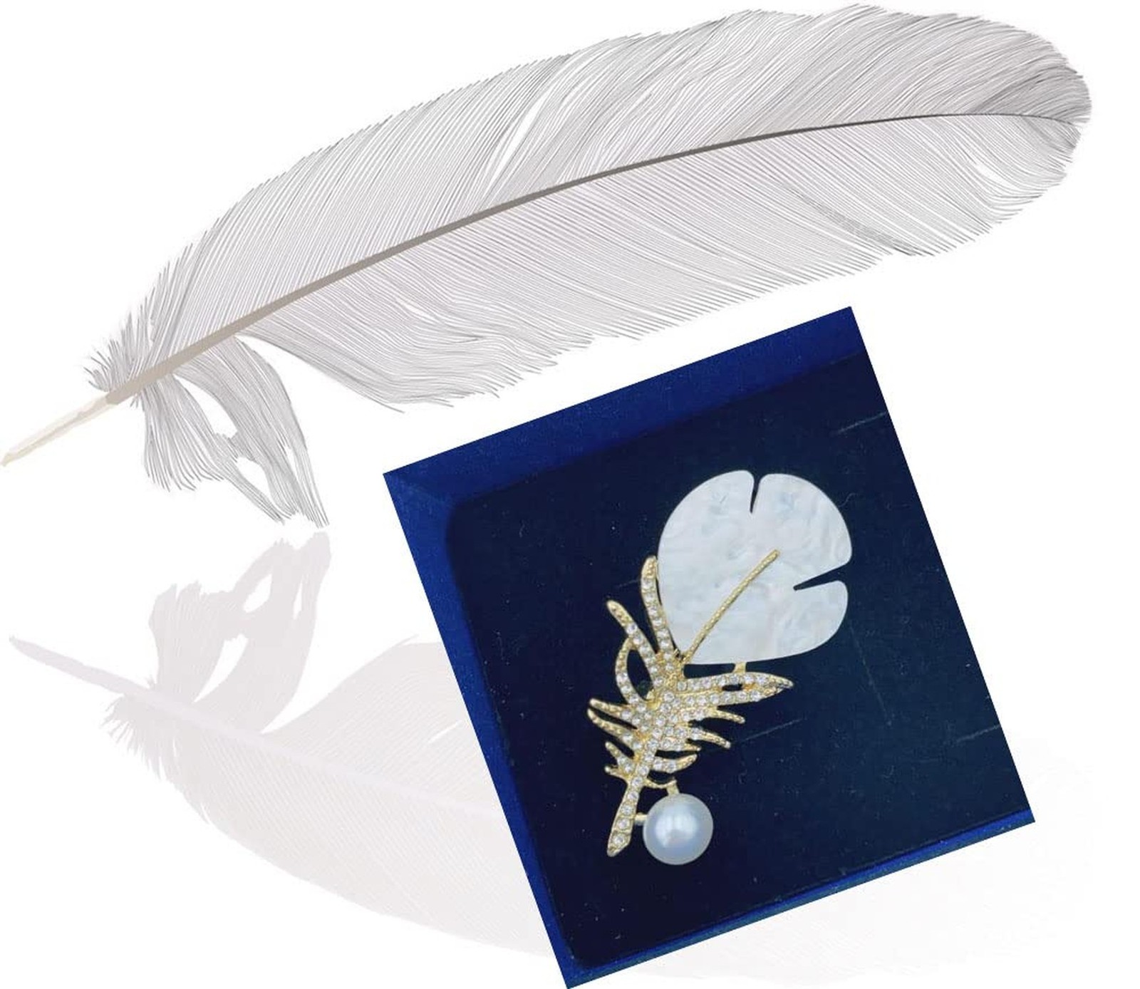 Seashells Rhinestone Pearl Feather Brooch Pin for Women Elegant Fashionable C...