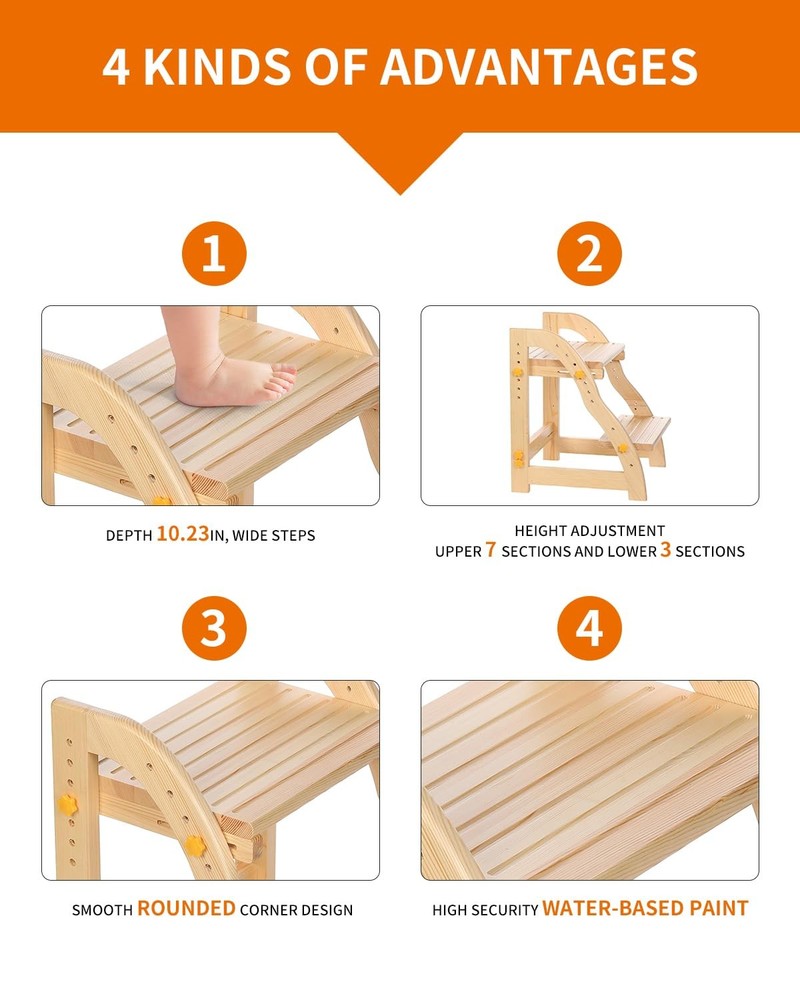 AIMOADO Adjustable 2-Step Wooden Stool for Kids - Kitchen & Bathroom Non-Slip