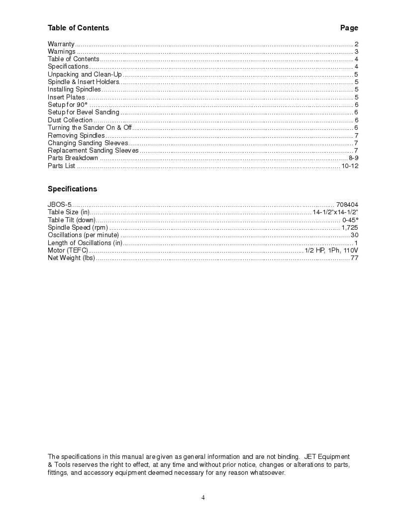 Jet JBOS-5 Benchtop Oscillating Spindle Sander Owners Manual *198