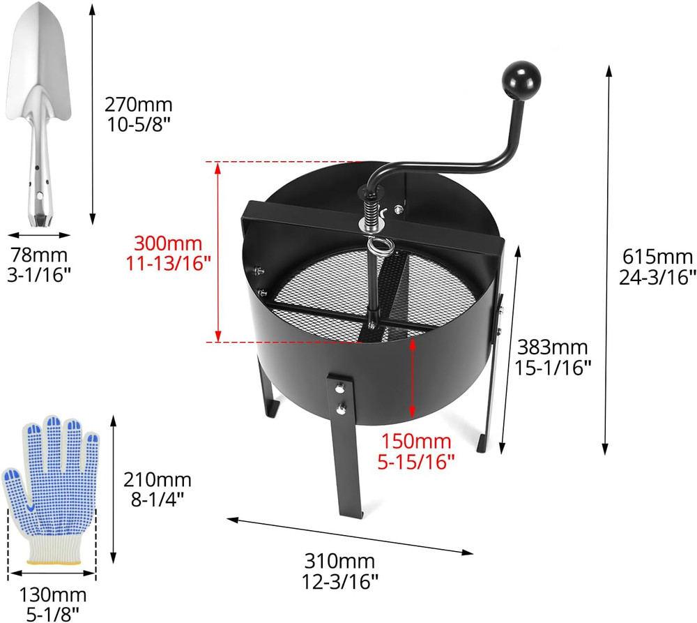13" Rotary Soil Sifter Compost Sieve, Efficient 1/5 Inch Mesh,Durable Constructi