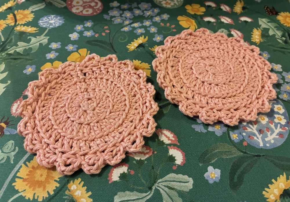 2 Handmade Solid Crochet Mug Coasters Spring Peach 100% Cotton Easter Table