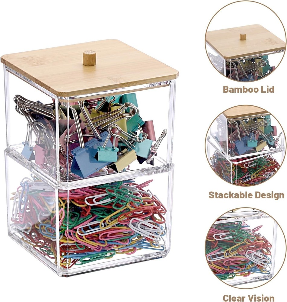 Compact Stackable Paper Clip Box with Natural Bamboo Lid - Office Essential