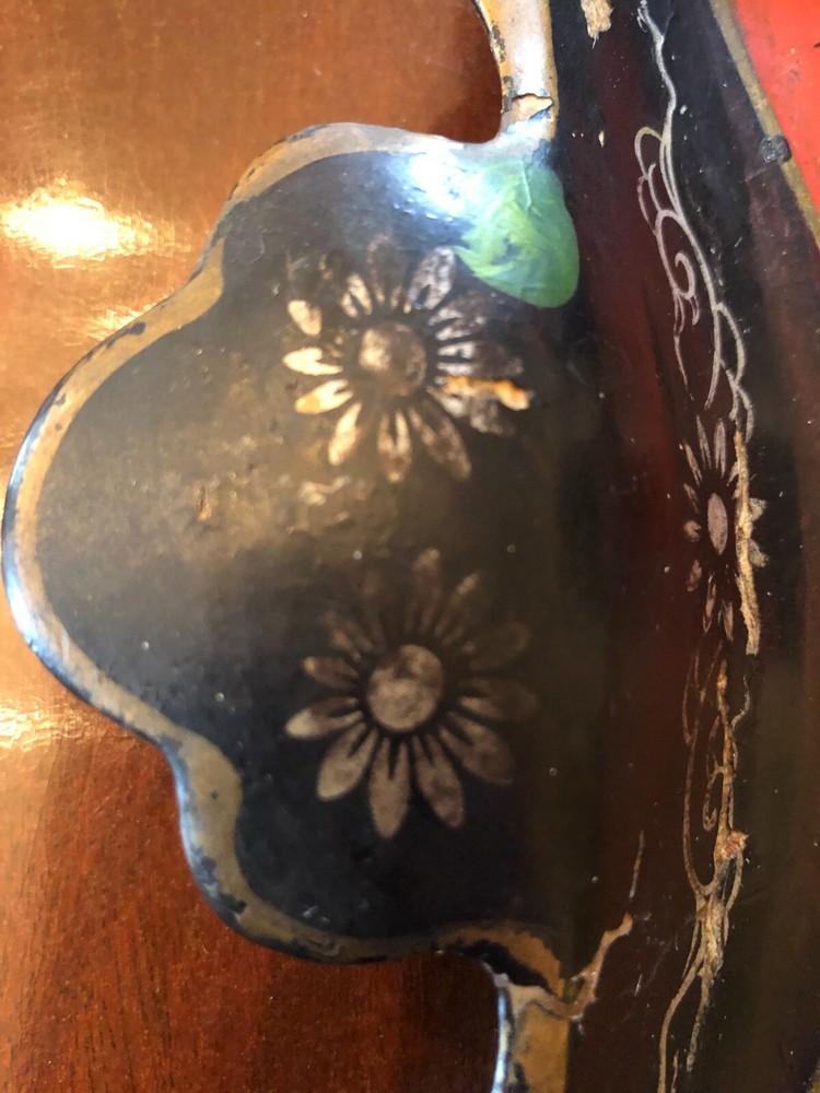 Antique Japanese Laquerware Rectangular Tray With Hand Painted Rooster