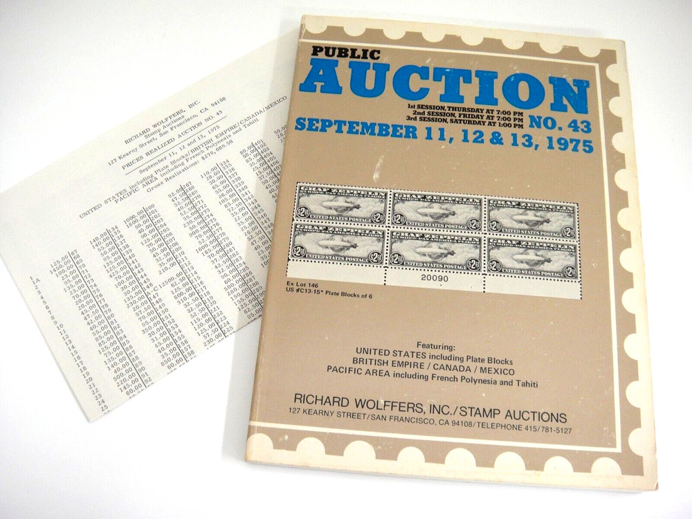Wolffers Stamp Auction Catalog 1975 w Prices Realized US Plate Blocks Pacific