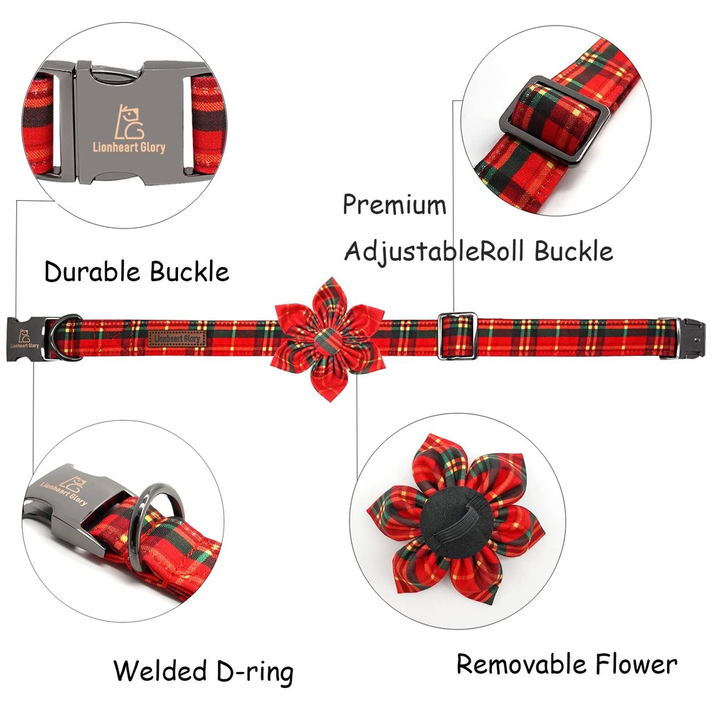 Christmas Dog Collar Flower Plaid Pattern Adjustable Medium Dogs