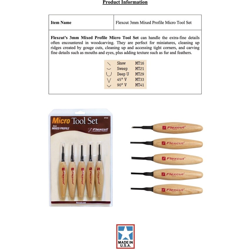 Flexcut Mixed Profile Micro Tool Set Stainless Blade Ergonomically Wood Handle
