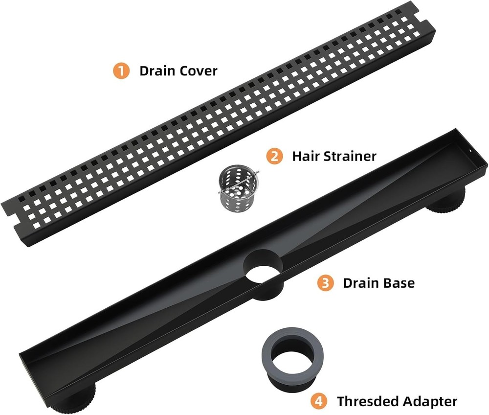 24 Inch Matte Black Rectangular Shower Floor Drain Stainless Steel