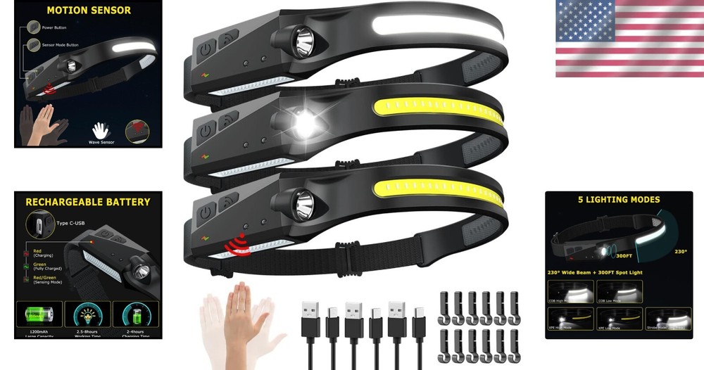Versatile Camping Headlamp Set - 3 Rechargeable LED Lights with 5 Lighting Modes