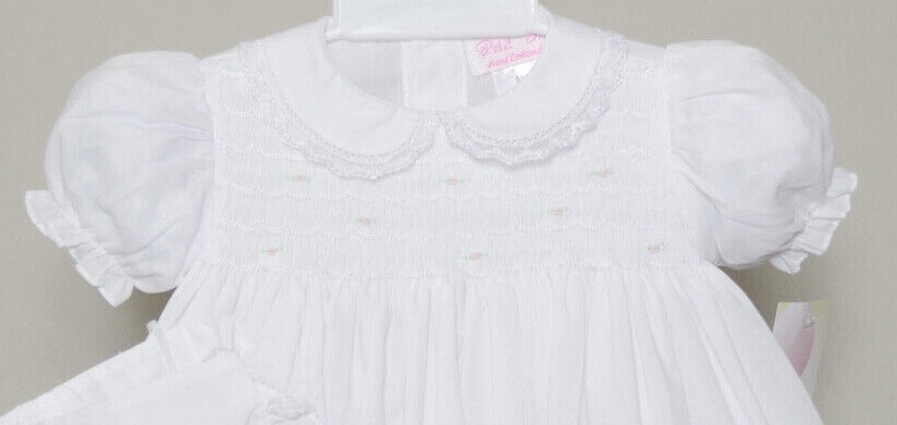 NWT Petit Ami White Smocked Lace 3P Dress Newborn Reborn Baby Girls Bonnet NB