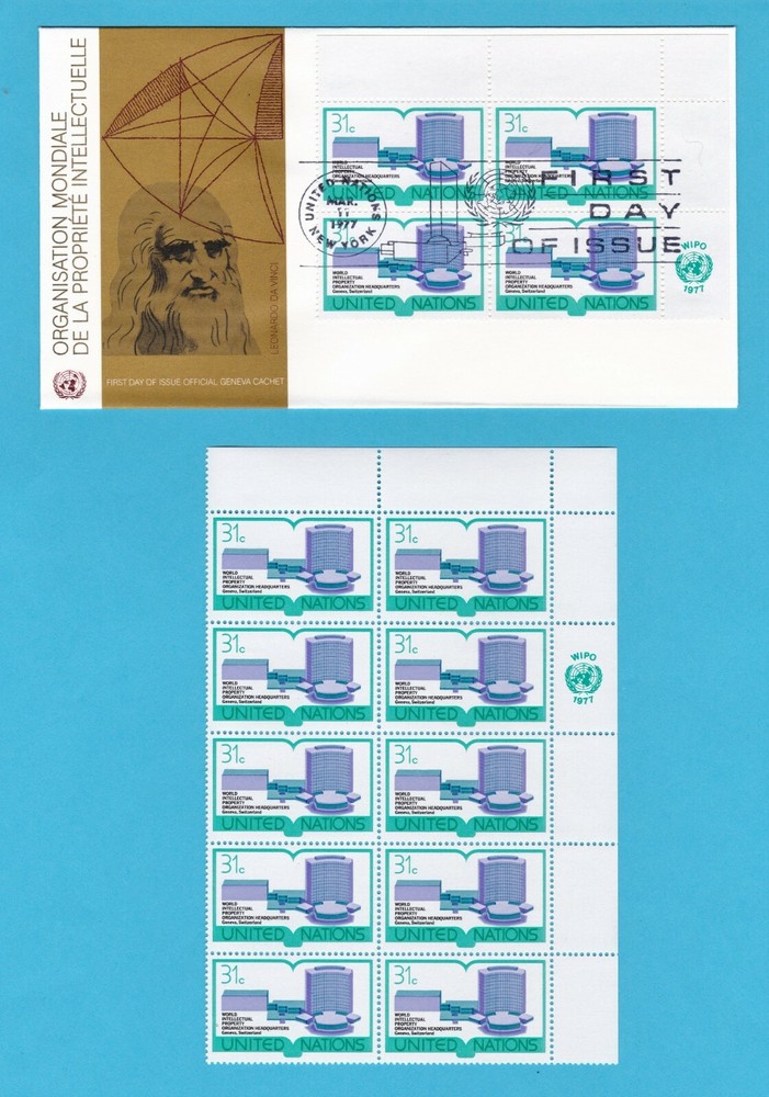 1977 UN Geneva First Day Cover Intellectual Property 282 + partial sheet