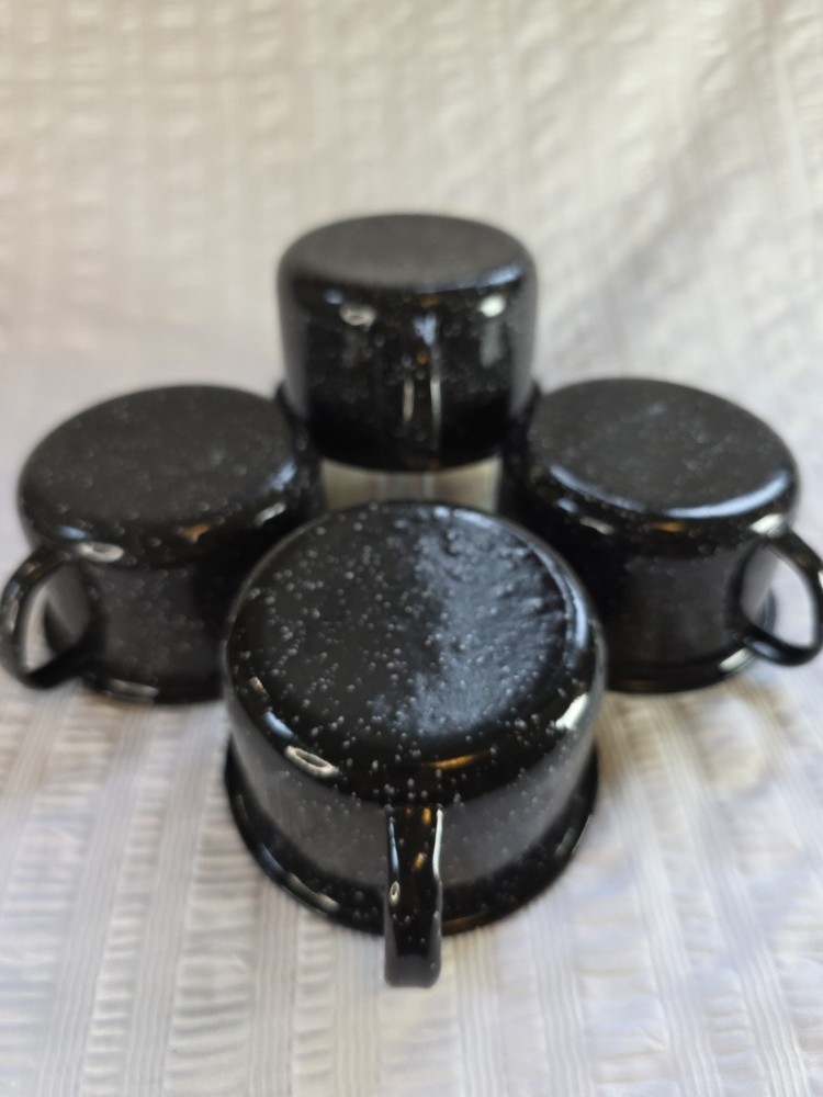 4 Black & White Speckled Enameled Camping Mugs - Enamel Mugs