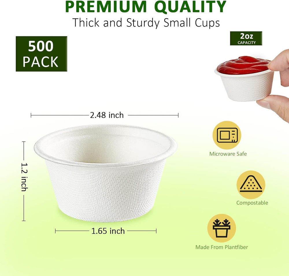 Vplus 500 Pack 2 OZ Disposable Souffle Cups, 100% Compostable Portion Cups, Made