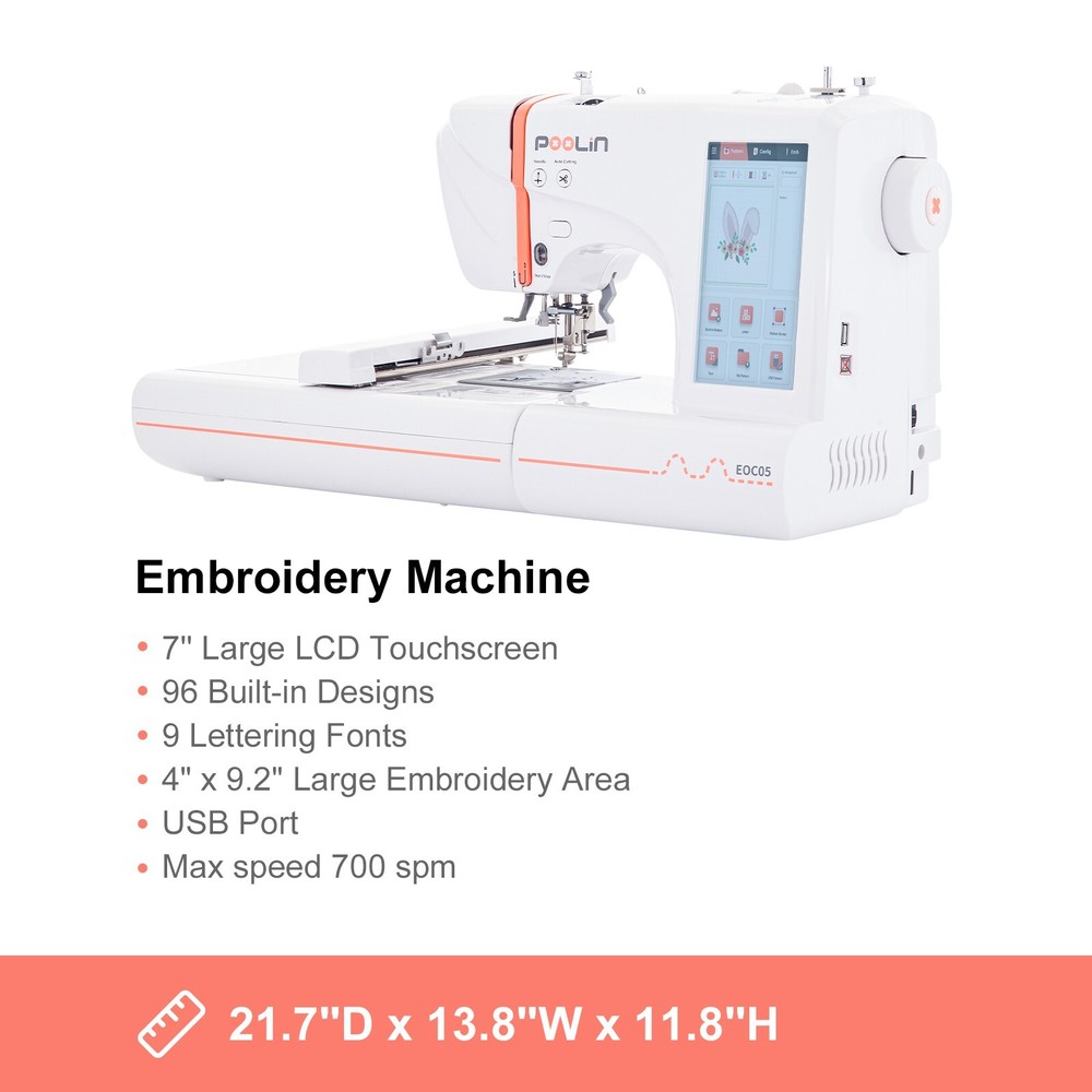 Poolin EOC05 4 x 9.2" Computerized Embroidery Machine 7'' Large LCD Touch Screen