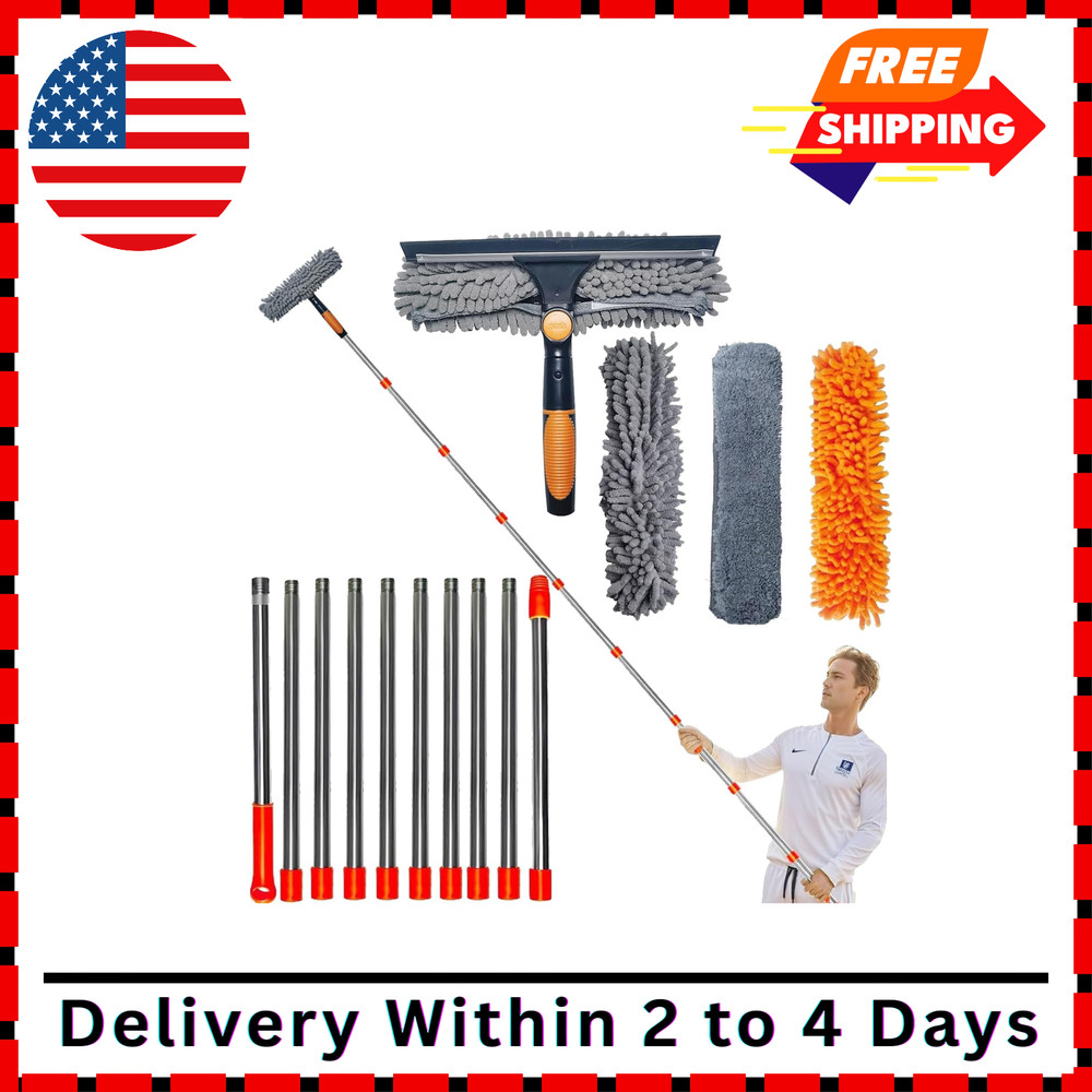 20 ft+ Reach Squeegee Window Cleaner Duster 2 in 1 Rotatable Cleaning Tool Kit