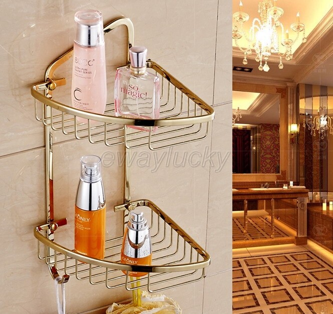 Gold Color Brass Corner Shower Caddy 2 Tier Bath Storage Shelf Rack Basket