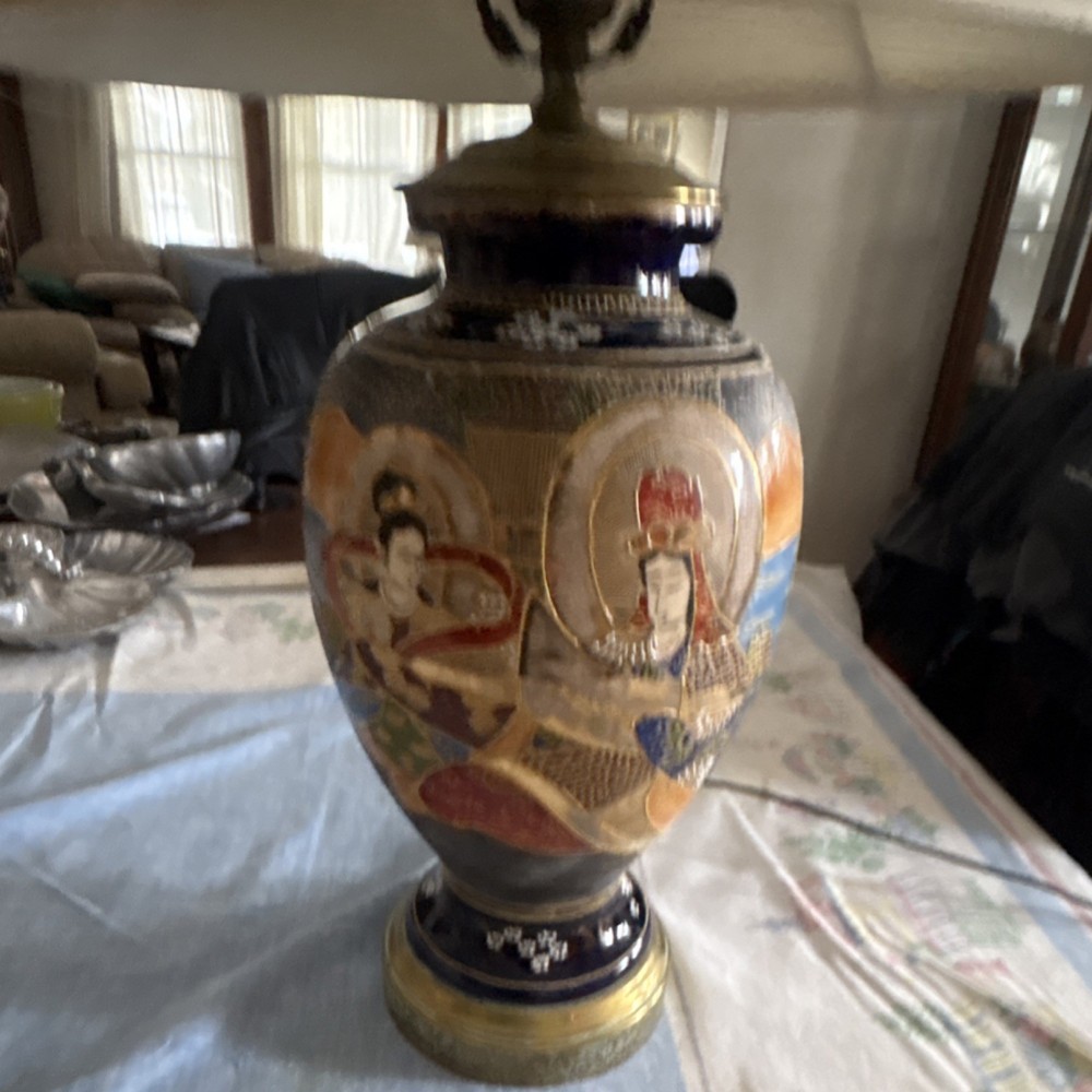 Asian Pattern Multicolor Painted Ceramic Table Lamp with Shade and Switch