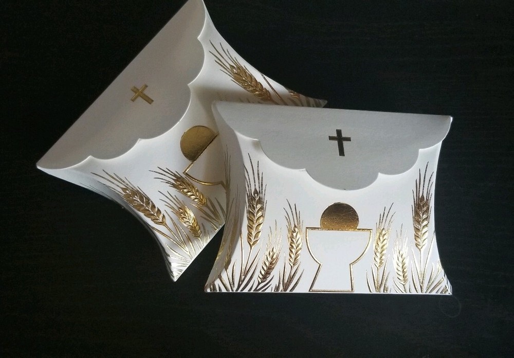 10 First Communion White & Gold Pillow Boxes