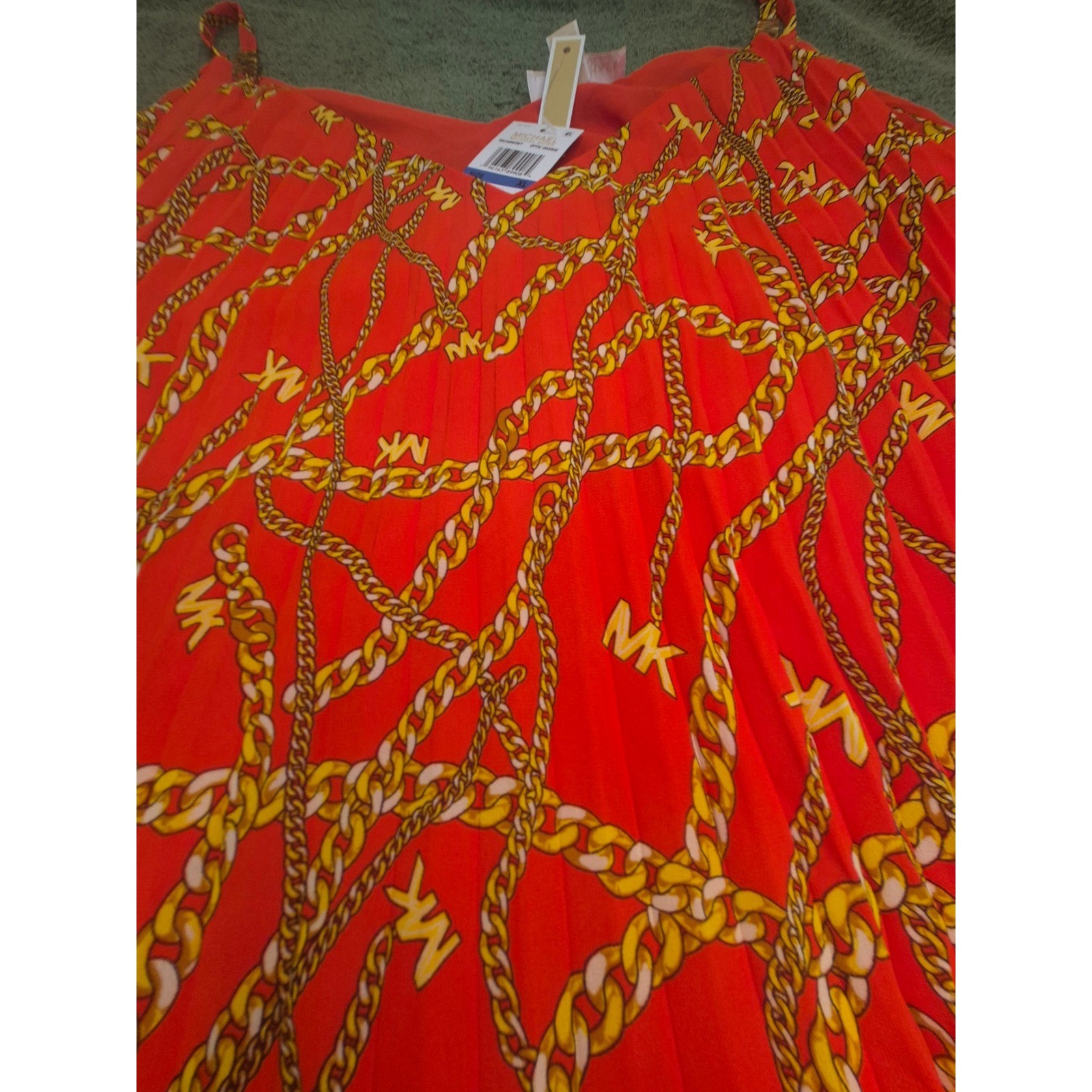 Michael Kors Optic Orange Chain Link Logo Pleated Cami Top MS340HC8EY XL NEW