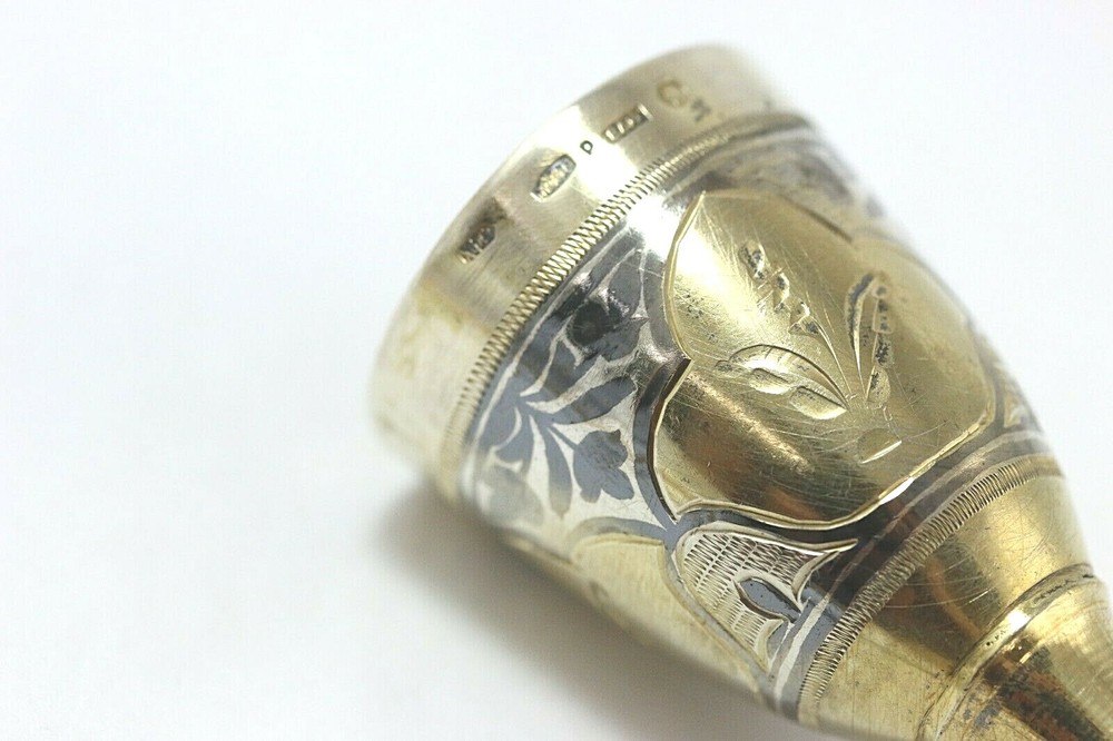 Russian 875 Silver & Niello Etched Design, Gilt Small Footed Cup