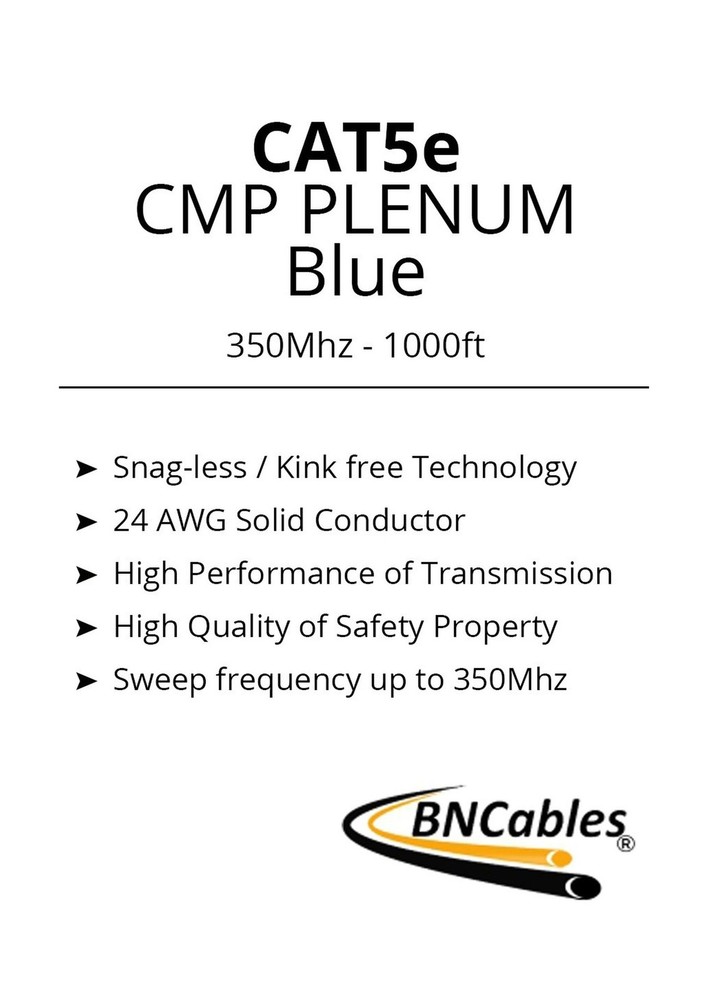 CAT5e (CMP) Plenum Cable, 1000FT | 24AWG 4Pair, 350MHz Solid Network Cable Un...