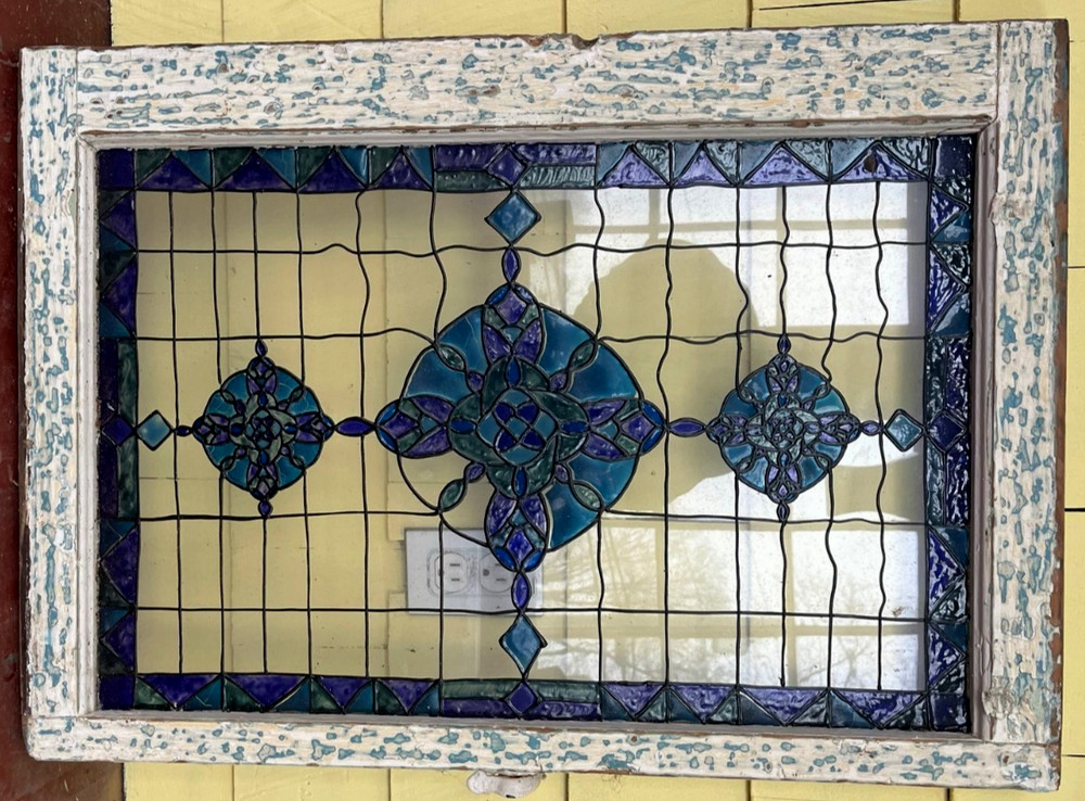 Antique Salvaged Rectangular Leaded Stained Glass Window NICE ! 22" x 31"