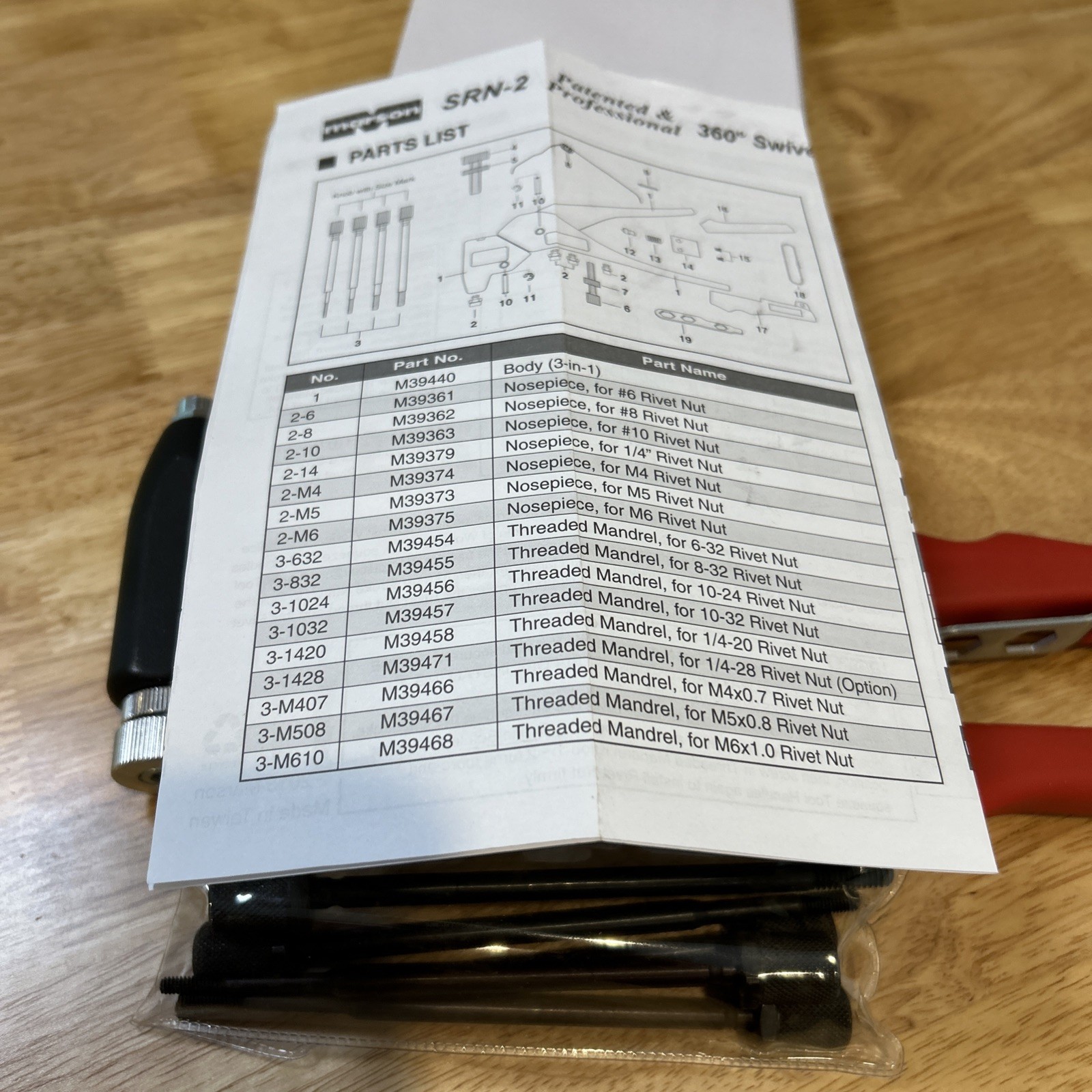 Marson Swivel Head Rivet Nut Setter SRN-2 Klik Turn Mandrels And Nosepiece 39400