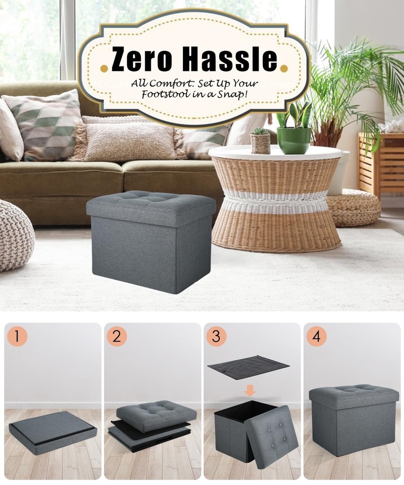 Grey Storage Ottoman, Foot Rest Stool, Foldable Entryway Bench