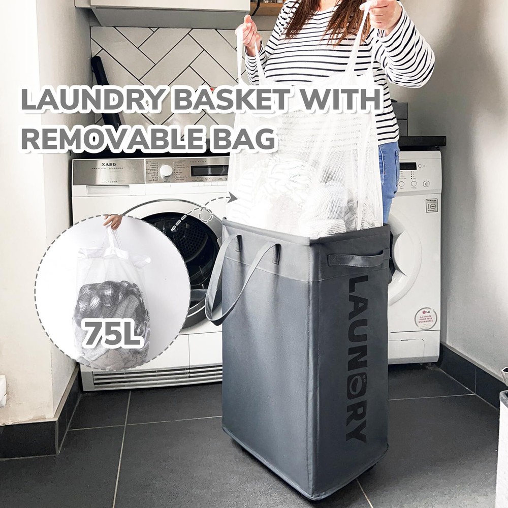 75L Rolling Laundry Basket with Wheels Collapsible Hamper for Dorms Grey