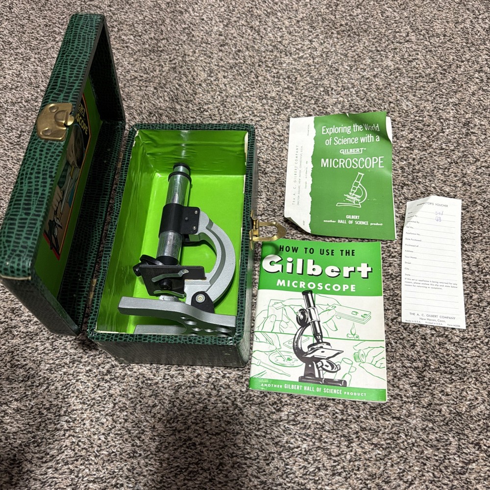 Vintage Gilbert Microscope Set 1950's-Green Case 10"X 5"X 5" (PARTIAL SET)