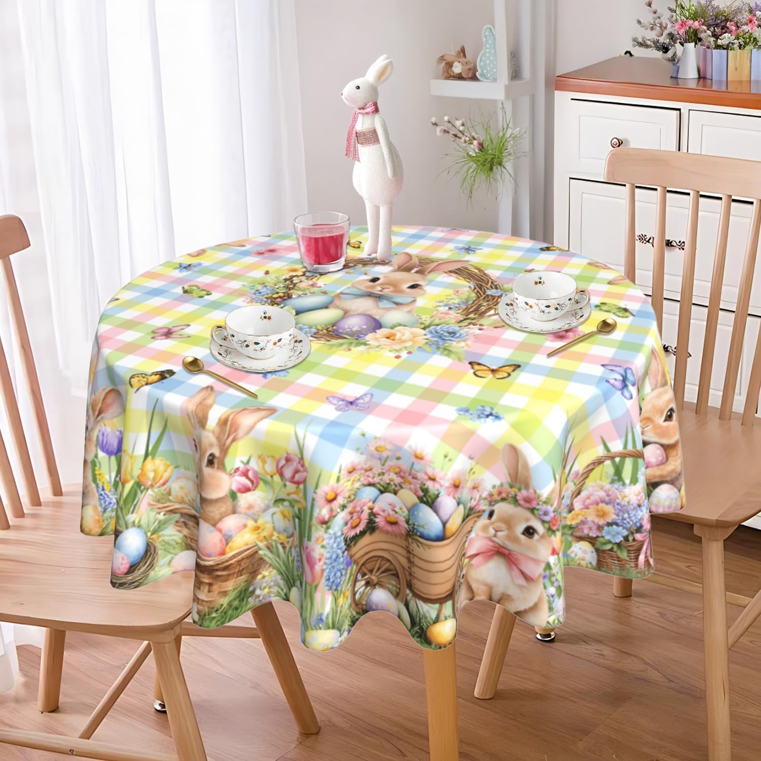 Easter Tablecloth Round 60 Inch Spring Summer 60" (Round), Bunny
