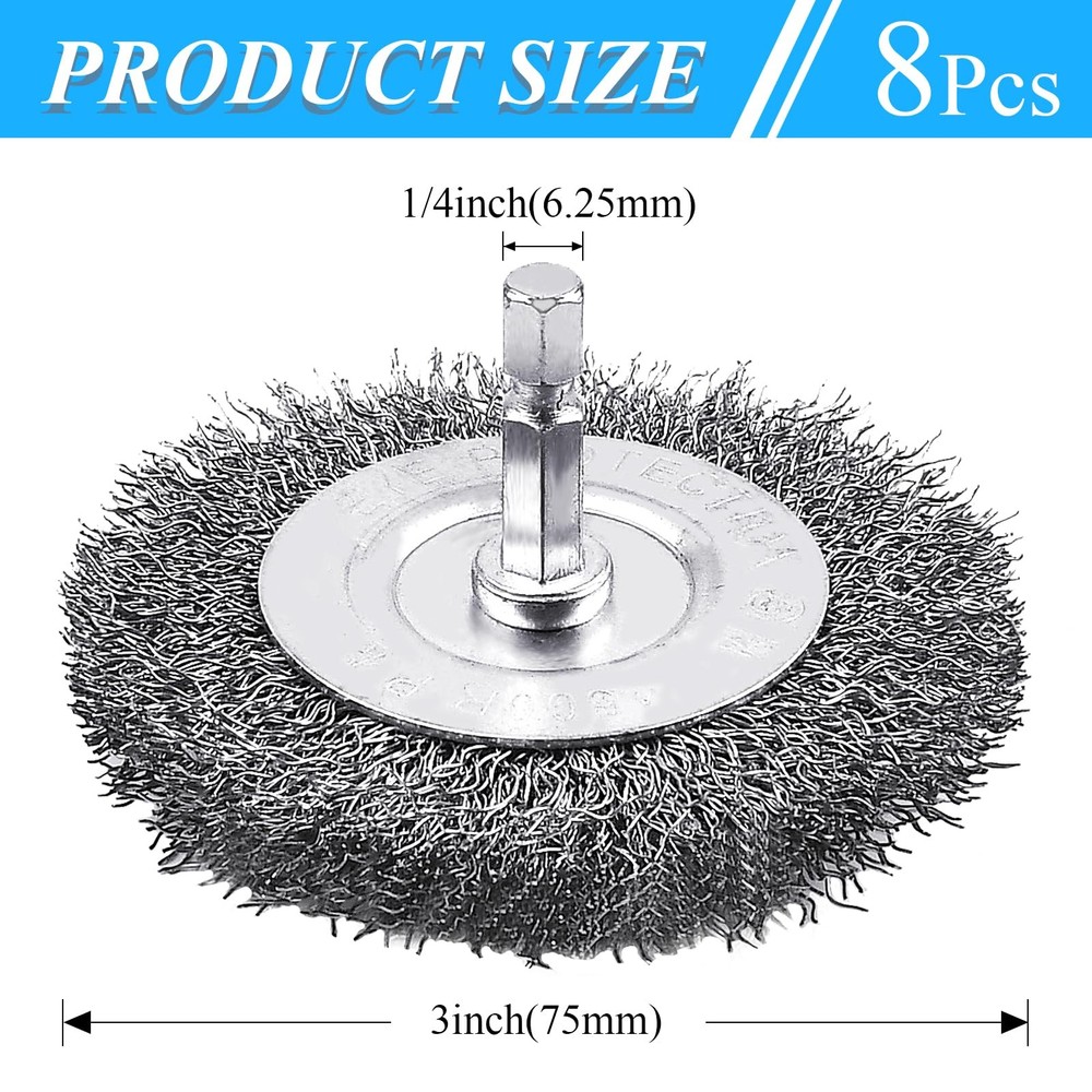 Supkiir 8 Pack 3inch Wire Wheel Brush for Drill, Drill Silver