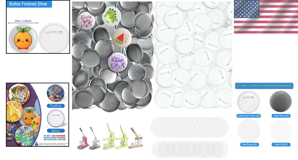 1.26 Inch Button Making Supplies - 300 Sets for Creative Projects