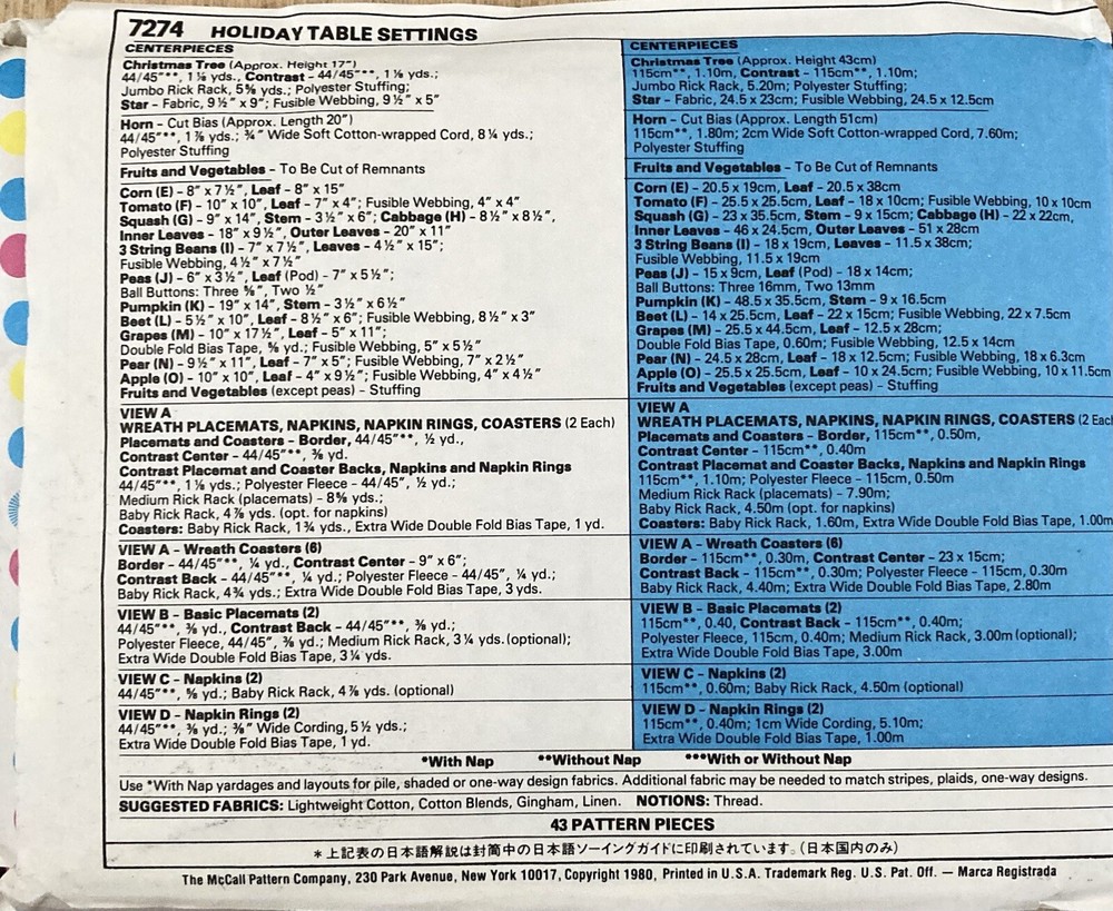 McCall’s 7274 Holiday Table Settings Pattern Uncut