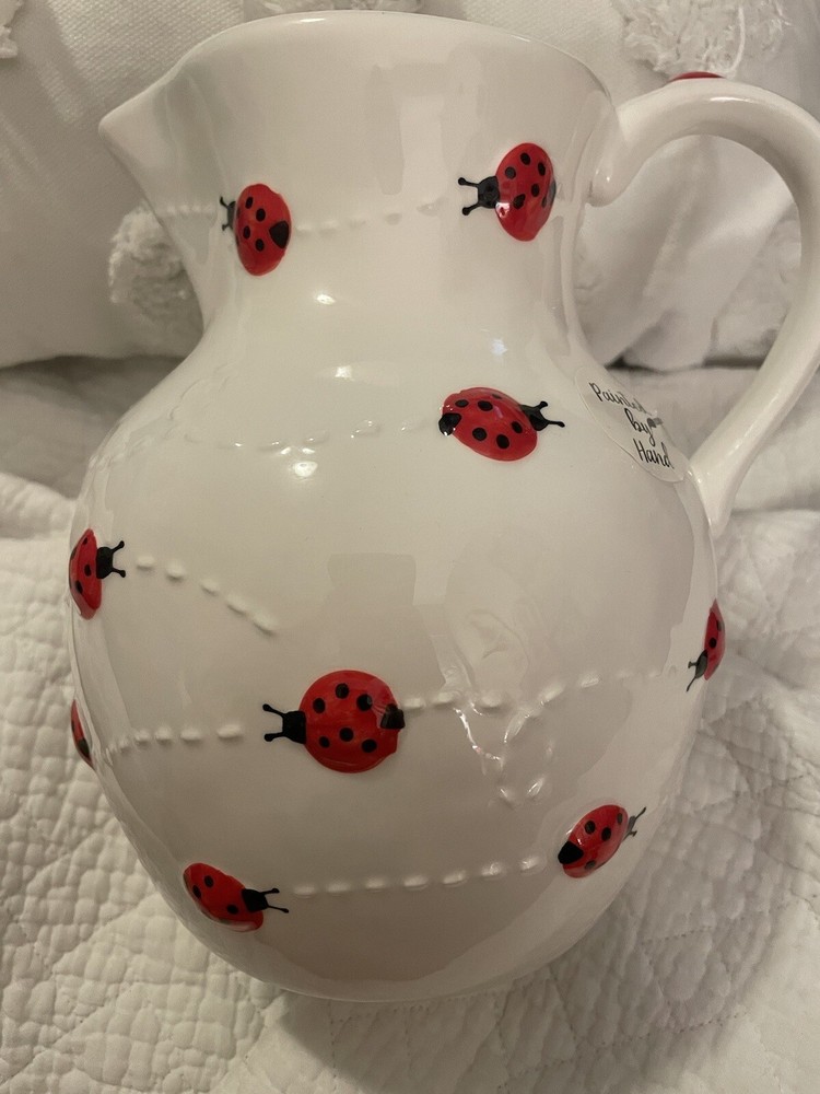 LANG By Design Hand Painted Ceramic Red Ladybugs On White Medium Size Pitcher