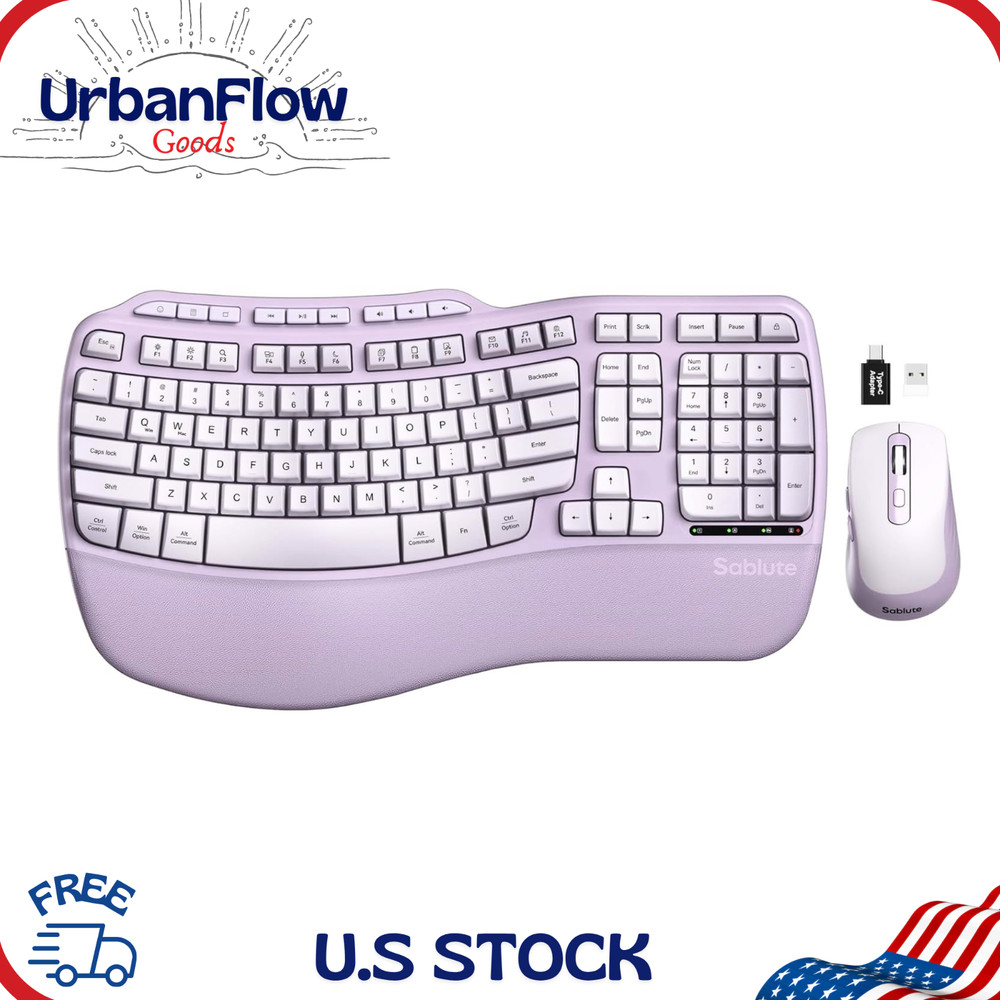 Ergonomic Wireless Keyboard Mouse Combo Purple Wave Design Silent